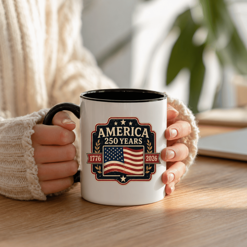 Vintage American 250th Anniversary 1776-2026 Patriotic Accent Mug- USA 1776-2026 Independence Day Gift for Men Women - back view